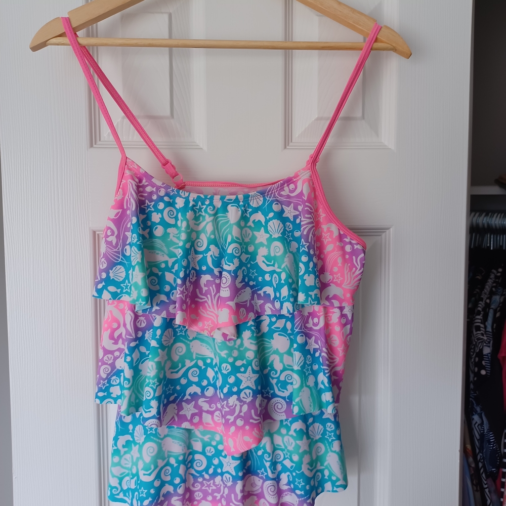 Justice Pink Multicolor Ruffle Tankini Top (Size 16)